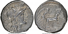 Anonymous (ca. 157-156 BC). AR denarius (18mm, 3.86 gm, 11h). NGC Choice VF 5/5 - 3/5. Rome. Head of Roma right, wearing pendant earring, necklace and...