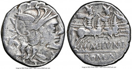 M. Junius Silanus (ca. 145 BC). AR denarius (17mm, 6h). NGC VF, bankers mark. Rome. Head of Roma right, wearing winged helmet surmounted by griffin cr...