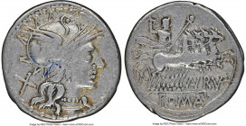 T. Annius Rufus (ca. 144 BC). AR denarius (21mm, 4.03 gm, 2h). NGC Choice Fine 5/5 - 3/5. Rome. Head of Roma right, wearing winged helmet decorated wi...