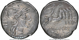 M. Aburius Geminus (ca. 132 BC). AR denarius (18mm, 3.65 gm, 7h). NGC Choice VF 5/5 - 3/5, light scuffs. Rome. GEM, head of Roma right, wearing winged...