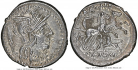Cn. Domitius Ahenobarbus (ca. 128 BC). AR denarius (19mm, 3.90 gm, 4h). NGC AU 5/5 - 3/5. Rome. Helmeted head of Roma right, grain ear behind, barred ...