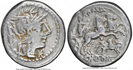 Cn. Domitius Ahenobarbus (ca. 128 BC). AR denarius (19mm, 11h). NGC Choice Fine. Rome. Helmeted head of Roma right, grain ear behind, barred X (mark o...