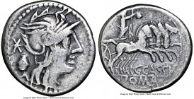 C. Cassius (ca. 126 BC). AR denarius (18mm, 4h). NGC Choice Fine. Rome. Head of Roma right, wearing winged helmet surmounted by griffin crest; voting-...