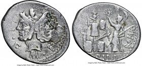 M. Furius L.f. Philus (ca. 121-119 BC). AR denarius (20mm, 3.75 gm, 4h). NGC Fine, scratches. Rome. M•FOVRI•L•F, laureate head of Janus / PHLI (PH lig...
