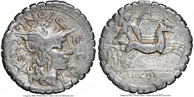 L. Pomponius Cn. f. (ca. 118 BC) with L. Licinius and Cn. Domitius as duoviri. AR denarius serratus (19mm, 8h). NGC Choice Fine, bent. Narbo. L•POM-P-...