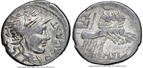 Q. Curtius & M. Silanus (ca. 116-115 BC). AR denarius (19mm, 7h). NGC Choice Fine. Rome. Q•CVRT, head of Roma right, wearing winged helmet decorated w...