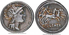 C. Claudius Pulcher (110-109 BC). AR denarius (19mm, 5h). NGC VF. Rome. Head of Roma right wearing winged helmet decorated with circular device and gr...