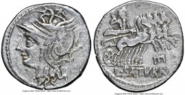 L. Appuleius Saturninus (ca. 104 BC). AR denarius (18mm, 9h). NGC VF. Rome. Head of Roma left, wearing pendant earring, necklace, and winged helmet de...