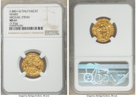 Venice. Michael Steno gold Ducat ND (1400-1413) MS61 NGC, Fr-1230. 3.32gm. MIChAЄL • STЄN' | • S | • M | • V | Є | N | Є | T | I, Doge kneeling before...