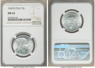 Republic 5 Lire 1947-R MS62 NGC, Rome mint, KM89. Mintage: 17,000. Key date in series. 

HID09801242017

© 2020 Heritage Auctions | All Rights Res...