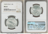 Republic 10 Lire 1947-R MS63 NGC, Rome mint, KM90. Mintage: 12,000. Key date in series. 

HID09801242017

© 2020 Heritage Auctions | All Rights Re...