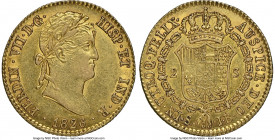 Ferdinand VII gold 2 Escudos 1826 S-JB AU55 NGC, Seville mint, KM483.2. Exceptional portrait, butter-gold color nicely contrasting with a darker shade...