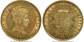 Isabel II gold 80 Reales 1847 S-RD AU58 NGC, Seville mint, KM578.3. De Vellon coinage. Violet-red toned over reflective surfaces. 

HID09801242017
...
