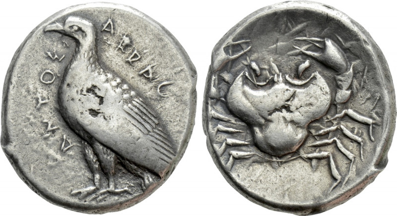 SICILY. Akragas. Tetradrachm (Circa 465/0–445/0 BC). 

Obv: AKPAΓANTOΣ. 
Eagl...