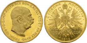 AUSTRIA. Franz Josef I (1848-1916). GOLD 100 Corona (1915). Wien (Vienna)