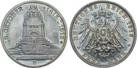 GERMANY. Saxony. Friedrich August III (1904-1918). 3 Mark (1913-E). Muldenhutten. Commemorating the 100th Anniversary of the Battle of Leipzig