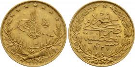OTTOMAN EMPIRE. Mehmed V Reşâd (AH 1327-1336 / 1909-1918 AD). GOLD 100 Kurush or Liralık. Qustantiniya (Constantinople). Dated AH 1327/3 (AD 1909)