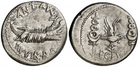 (32-31 a.C.). Marco Antonio. Denario. (Spink 1479 var) (S. 39) (Craw. 544/25). 3,76 g. MBC+.
