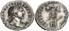 (107 d.C.). Trajano. Denario. (Spink 3132) (S. 100) (RIC. 147b). 3,03 g. EBC-.