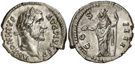 (147 d.C.). Antonino pío. Denario. (Spink 4070) (S. 226) (RIC. 129). 3,54 g. EBC-.