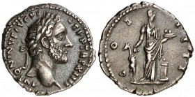 (150-151 d.C.). Antonino pío. Denario. (Spink 4074) (S. 294) (RIC. 197). 3,16 g. EBC-/MBC+.