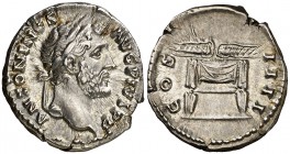 (146 d.C.). Antonino pío. Denario. (Spink 4079) (S. 345) (RIC. 137). 3,28 g. EBC-.