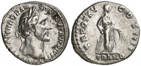 (151-152 d.C.). Antonino pío. Denario. (Spink 4108 var) (S. 826) (RIC. 218). 3,58 g. MBC+.