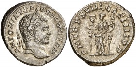 (215 d.C.). Caracalla. Denario. (Spink 6840) (S. 315) (RIC. 266). 3,77 g. MBC+.