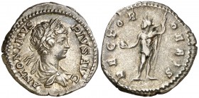 (201 d.C.). Caracalla. Denario. (Spink 6880 var) (S. 545) (RIC. 141). 3,43 g. EBC-/MBC+.