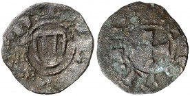 Jaume I (1213-1276). Barcelona. Diner de doblenc. Escudo con armas catalanas de dos palos. Falsa de época en cobre. 0,89 g. Ex Colección Crusafont, nº...