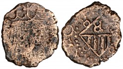s/d. Felipe III. Banyoles. Diner. (Cru.C.G. 3660d) (Cru.L. 1060, mismo ejemplar). 0,66 g. Con la B del escudo al revés. Limpiada. Probable falsa de ép...