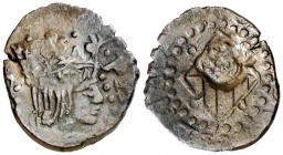 s/d. Felipe III. Banyoles. Diner. (Cru.C.G. 3661) (Cru.L. 1061). 0,76 g. Contramarca: cabeza de fraile en reverso, realizada en 1605. Variante de bust...