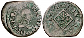 1611. Felipe III. Vic. Diner. (Cru.C.G. 3900a) (Cru.L. 2243.7). 2,41 g. Algo descentrada. Rara. (MBC-).