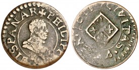 1611. Felipe III. Vic. Diner. (Cru.C.G. 3900) (Cru.L. 2243.11). 1,45 g. Fecha muy floja. Rara. MBC-.