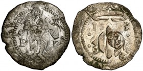 1598. Felipe II. Perpinyà. Doble sou. (Cal. 839) (Cru.C.G. 3806a). 2,58 g. Resello: cabeza de San Juan. MBC.