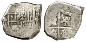 1598. Felipe II. Sevilla. B. 2 reales. (Cal. 553 var). Tipo "OMNIVM". Fecha en reverso. Sin orlas circulares. Muy escasa. BC/BC+.