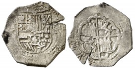 1597/6. Felipe II. Toledo. C. 4 reales. Inédita. 13,72 g. Muy rara. MBC.