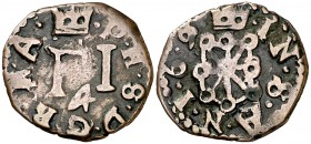 169 (sic). Felipe III. Pamplona. 4 cornados. (Cal. 719 var) (R.Ros 4.4.14). 2,39 g. MBC-.