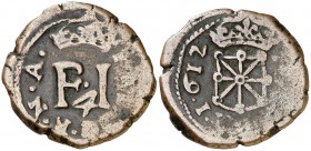 1612. Felipe III. Pamplona. 4 cornados. (Cal. falta) (R.Ros 4.4.20 var, por punto en fecha). 4,10 g. MBC-.