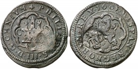 s/d (1603-1606). Felipe III. ¿Coruña?. 8 maravedís. (Cal. pág. 289) (J.S. E-¿11?). 5,56 g. Resello de valor 8 sobre 4 maravedís de Segovia 1601. (MBC+...