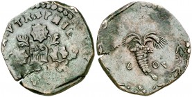 1607. Italia. Felipe III. Nápoles. 1 tornese. (Vti. 169) (MIR. 222). 6,46 g. El 7 de la fecha al revés. MBC-.