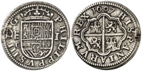 1607. Felipe III. Segovia. C. 1 real. (Cal. 471). 3,09 g. Perforación tapada. (MBC+).
