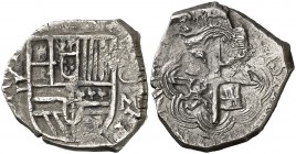 160(3 ó 4). Felipe III. Granada. M. 2 reales. (Cal. 322 ó 323). 6,84 g. Tipo "OMNIVM". Rara. MBC-.