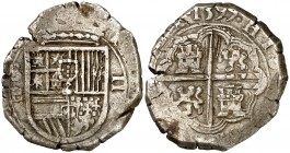 1599. Felipe III. Sevilla. B. 2 reales. (Cal. 375 var). 6,87 g. Fecha en reverso. Tipo "OMNIVM". Rara. MBC-.