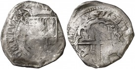1604. Felipe III. Toledo. C. 2 reales. Inédita. 6,70 g. Tipo "OMNIVM". La fecha empieza a las 12h del reloj. Rara. BC/BC+.