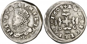 1609. Felipe III. Messina. DC. 3 taris. (Vti. 109) (MIR. 346/1). 7,88 g. MBC.