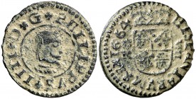 1664. Felipe IV. Coruña. R. 8 maravedís. (Cal. 1306) (J.S. M-158). 2,17 g. Escasa. MBC-.