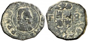 (1661). Felipe IV. Trujillo. F. 8 maravedís. (Cal. 1637) (J.S. M-726). 2,51 g. Acuñada a martillo. N girada en reverso. Escasa. BC+.