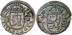 (1)64(1 ó 2). Felipe IV. 12 maravedís. (Cal. pág. 370) (J.S. pág. 284-297). 5,39 g. Resellada sobre 8 maravedís de Segovia 1625. Buen ejemplar. Escasa...