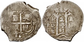 1661. Felipe IV. Potosí. E. 2 reales. (Cal. 909). 6,53 g. Doble fecha. Rayitas. (MBC-).